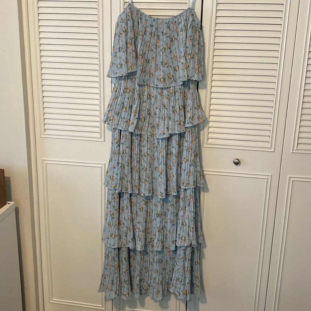 Red Dress boutique blue floral off the shoulder tiered maxi dress